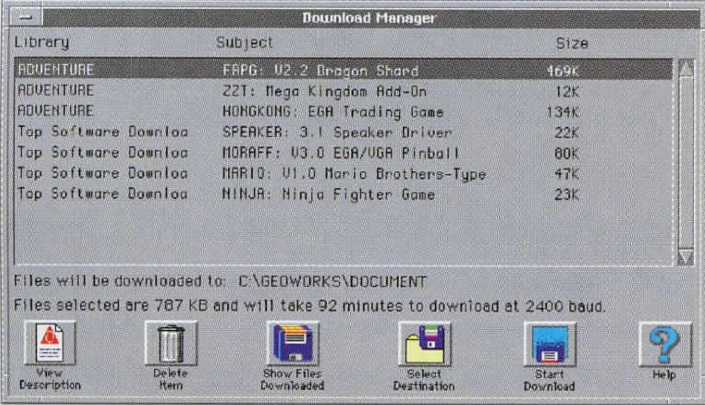 AOL for DOS’ Download Manager in 1993. AOL used the GeoWorks operating environment as its GUI for the DOS version.