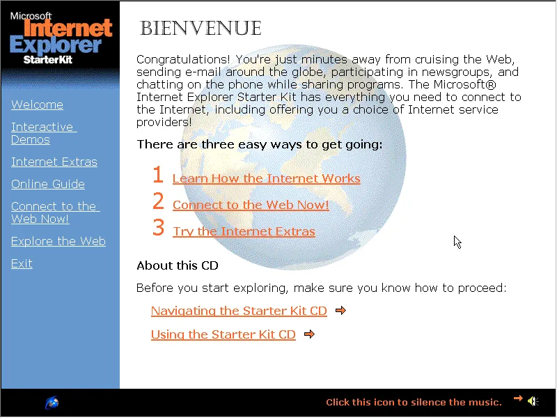Microsoft Internet Explorer Starter Kit (1996). Fun fact: the song that plays on this screen is the same that plays during the Windows XP setup process. Details at retrotechie.net