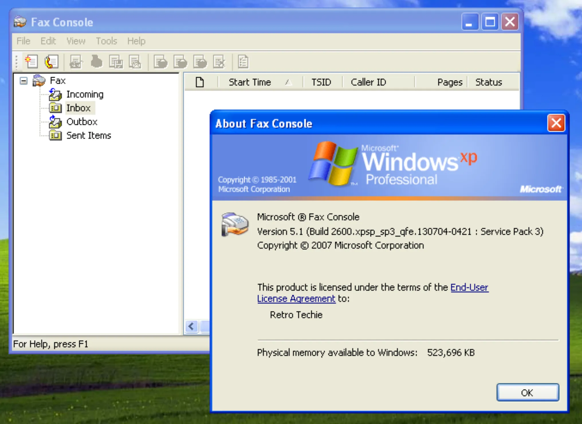 The Fax Console in Windows XP
