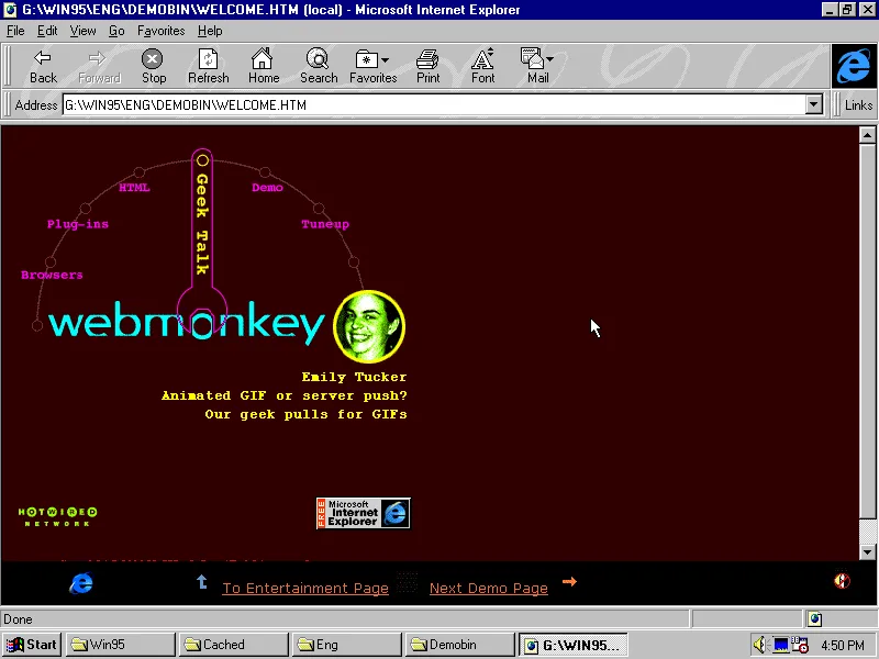 WebMonkey website in 1996 (from the Microsoft Internet Explorer Starter Pack)