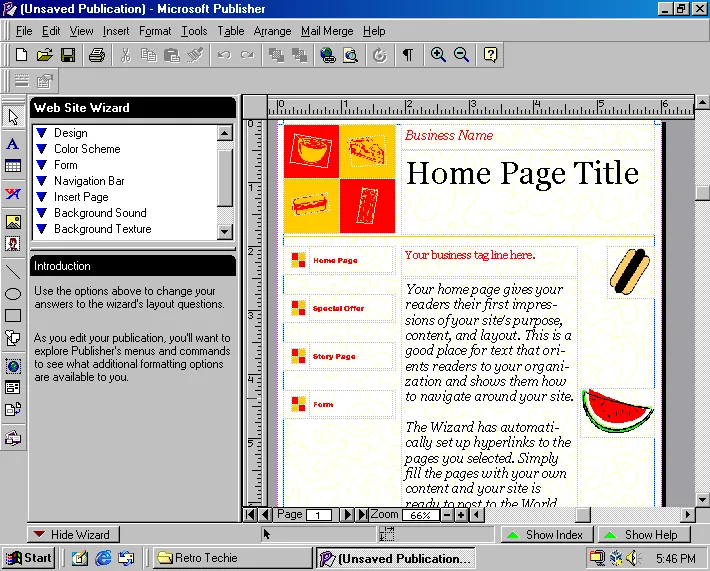Creating a website in Microsoft Publisher 98