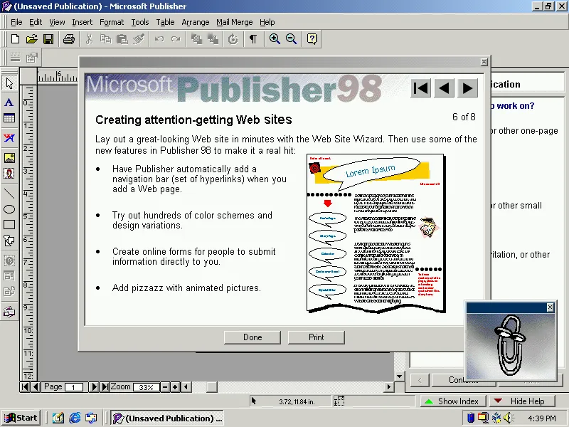 Microsoft Publisher 98 showing off its web publishing capabilities
