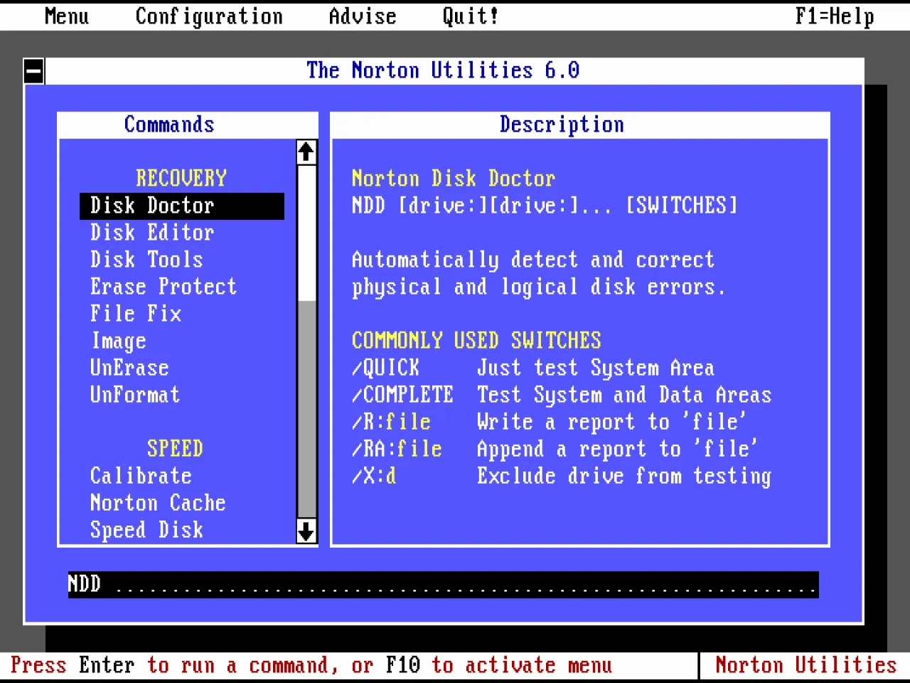 The main menu for Norton Utilities 6.0