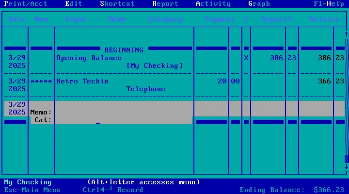 The check register in Quicken 6.0 for DOS. And please don’t judge me, but I still use Quicken today.