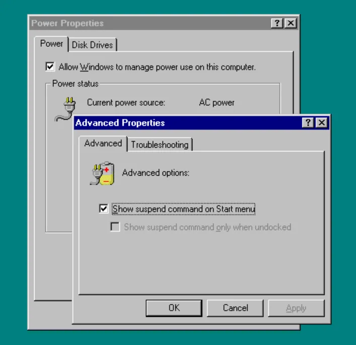 Power Options in Windows 95