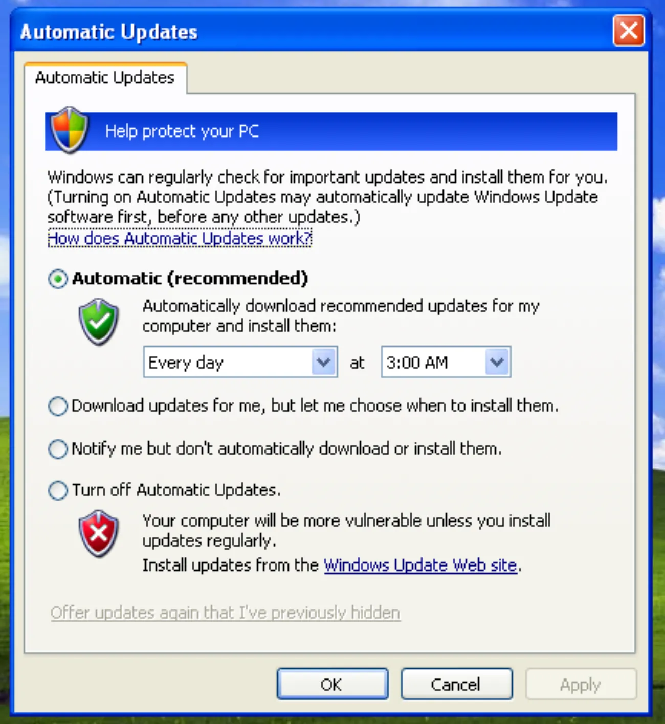 Windows XP’s Automatic Update settings